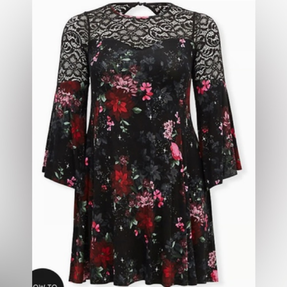 Torrid Black Floral Lace Yoke Long Sleeve Dress